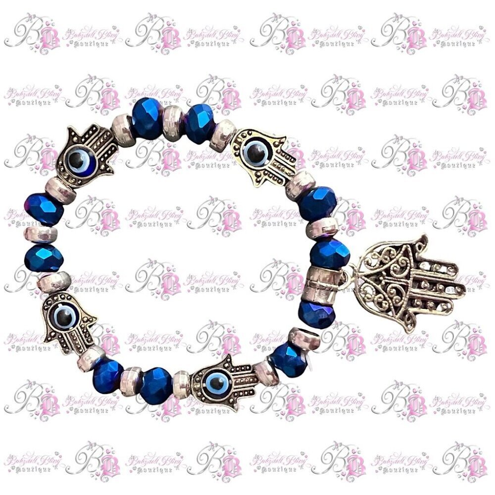Evil eye 🪬🧿 bracelet beaded boho crystal blue hand charm stretchy silver